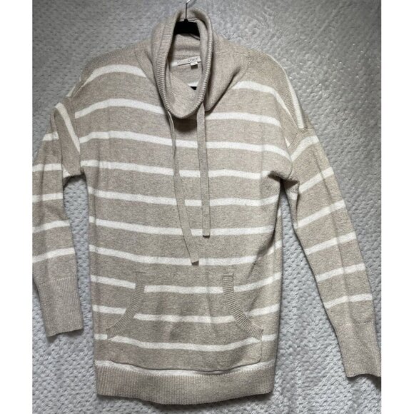 Loft Beige Striped Sweater Hoodie Size M Pockets Cowl Neck - Picture 1 of 9